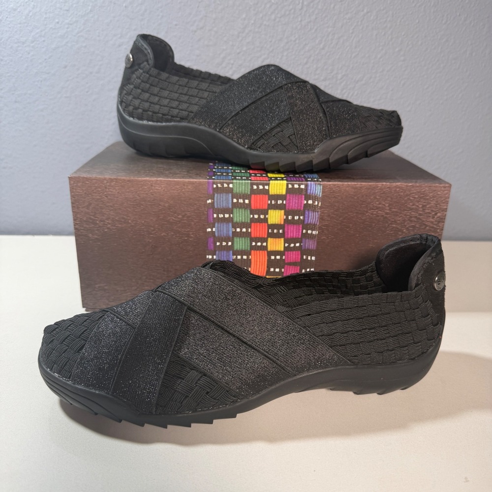 Bernie Mev Rigged Dare Women 38 Black  New Woven Elastic Metallic Slip On